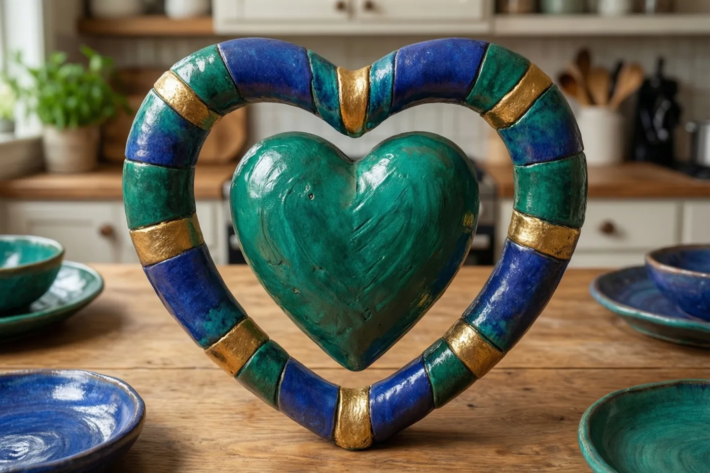 Een handgemaakt hart van klei met een omlijsting van blauwe en groene delen staat op een houten keukentafel tussen bijpassende keramische borden en kommen.