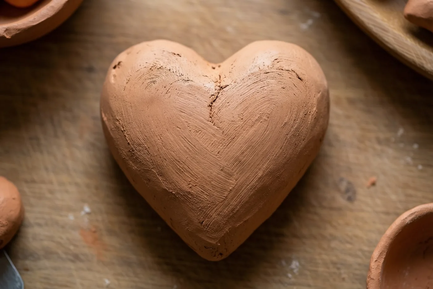 Een handgemaakt hart van klei ligt tussen andere stukjes klei op een houten keukentafel.