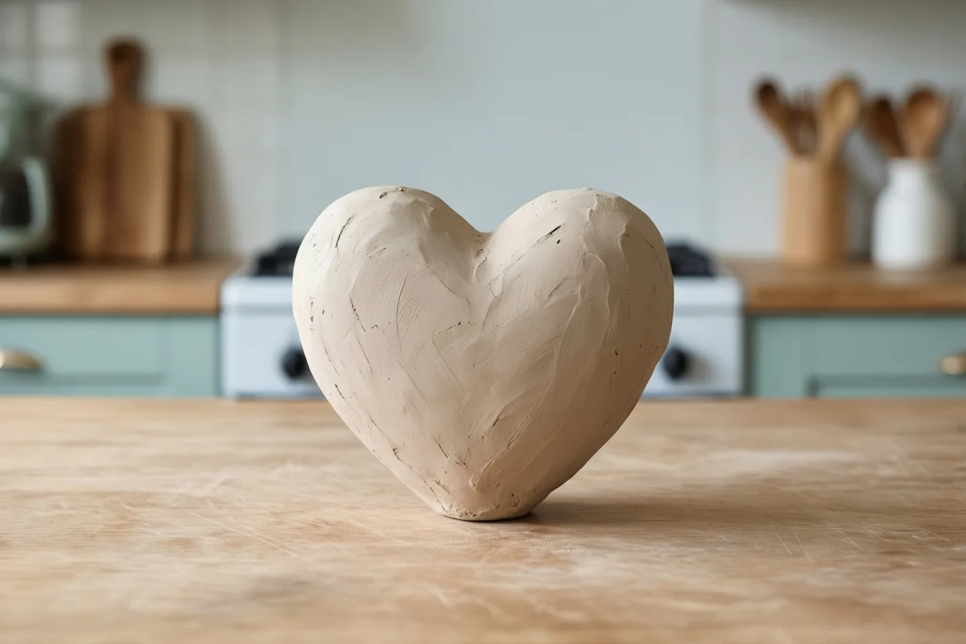 Een handgemaakt hart van klei staat midden op een houten keukenwerkblad, met onscherpe lichtblauwe keukenkasten en houten keukengerei op de achtergrond.