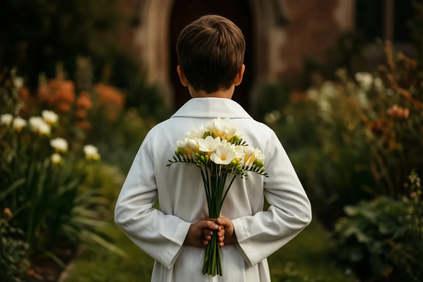 Een jongen in een wit gewaad staat met zijn rug naar de camera in een tuin en houdt een klein boeket witte freesia’s achter zijn rug, met onscherp groen en bloemen op de achtergrond.