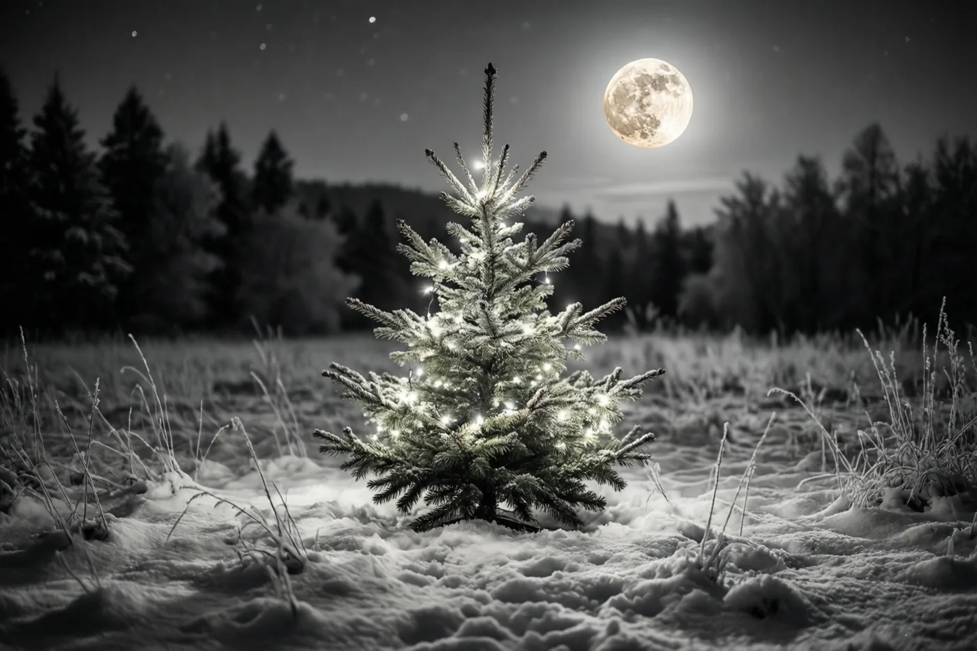 Een monochroom nachtbeeld toont een klein verlicht kerstboompje midden in een besneeuwde weide onder de volle maan.