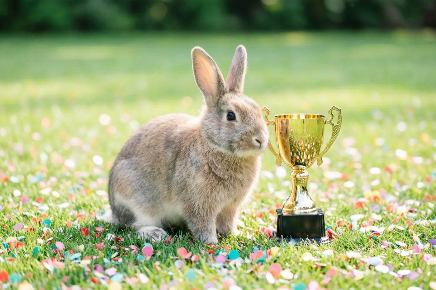 Een klein bruin konijn zit op een grasveld naast een kleine gouden beker en kleurrijke confetti.