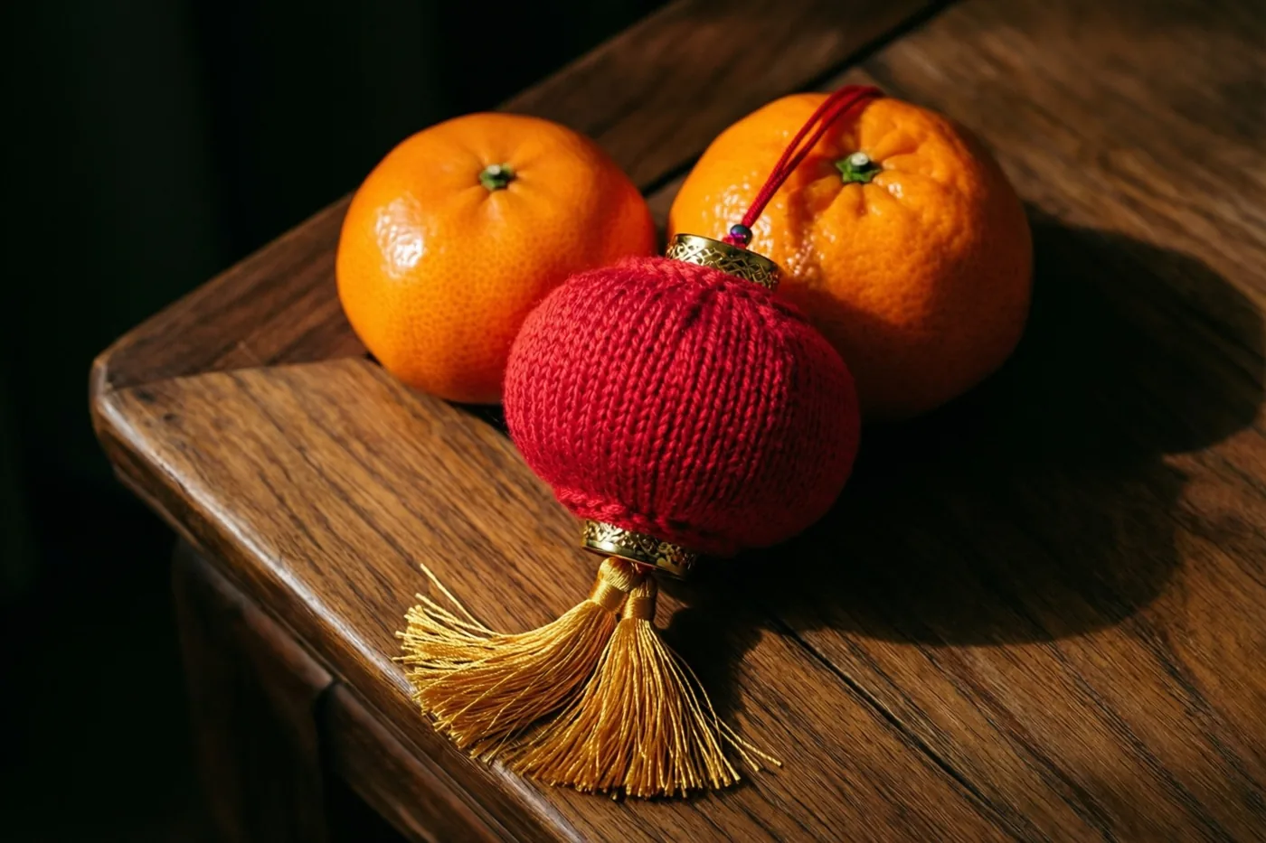Een piepklein rood gebreid lantaarntje met een gouden kwastje staat naast twee mandarijnen op een houten tafel in warm licht.