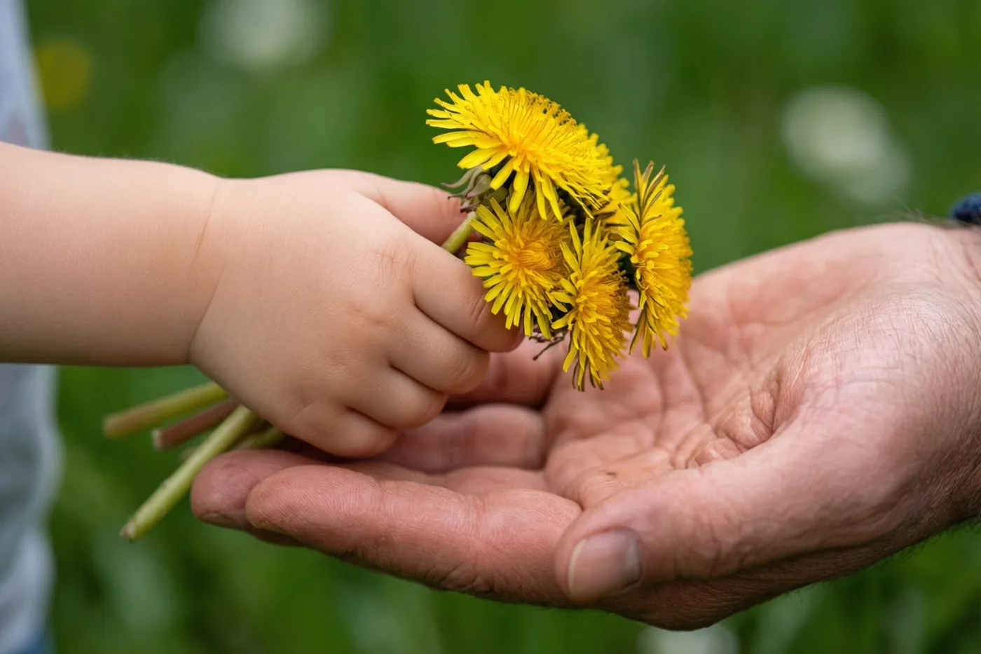 Een kleine kinderhand biedt een klein boeketje gele paardenbloemen aan in de open handpalm van een volwassene tegen een wazige groene achtergrond.