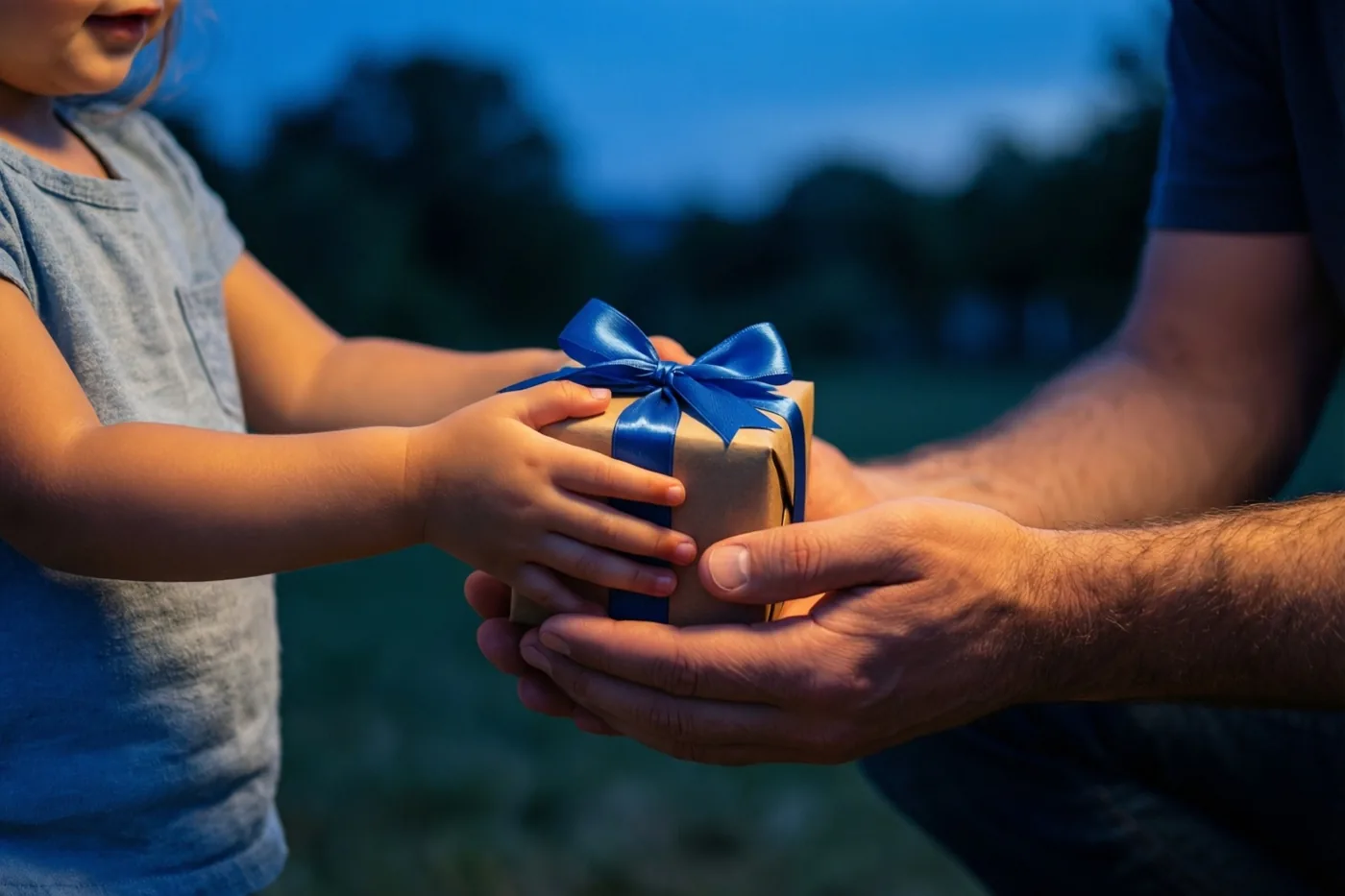 Kinderhanden leggen een pakje in bruin papier met een blauwe strik in grotere handen, buiten in de schemering met een blauwe lucht en wazig groen op de achtergrond.