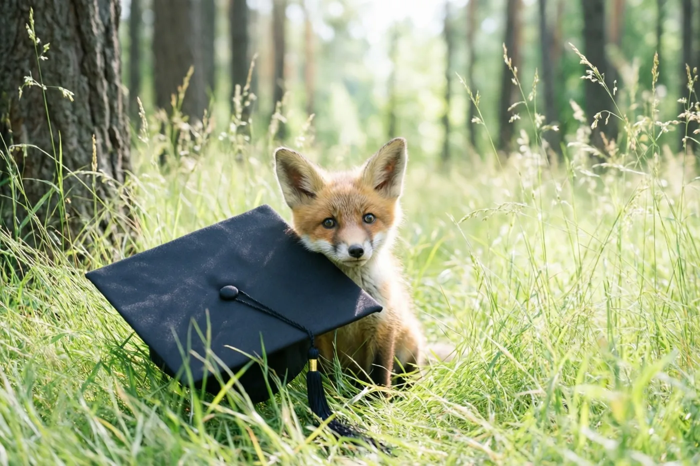 Een klein vosje kijkt van achter een zwarte afstudeerhoed in hoog groen gras, met bomen aan de bosrand op de achtergrond.