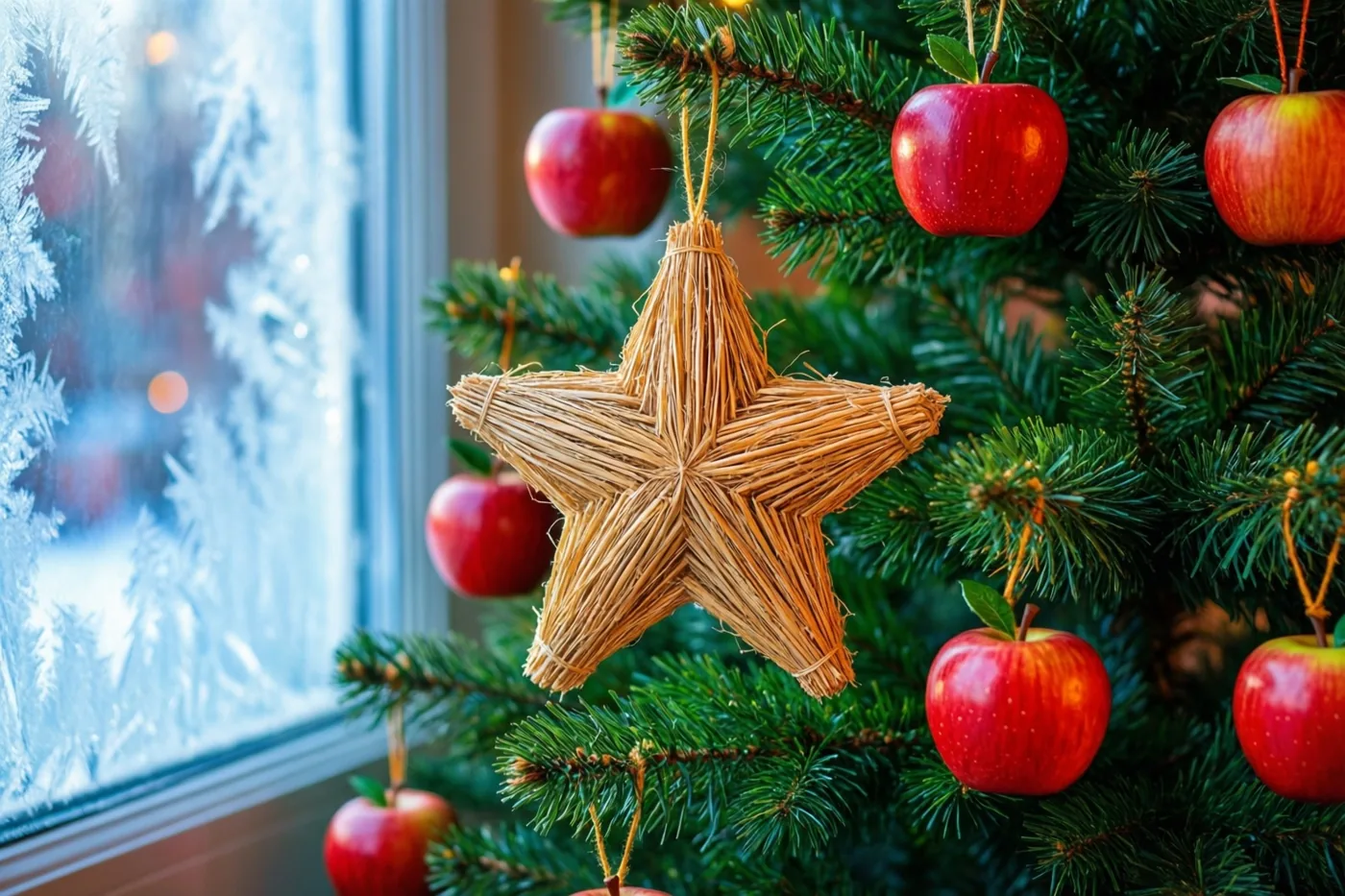 Van dichtbij zijn strosterren en kleine rode appels in een kerstboom naast een berijpt raam te zien, in groene, rode en beige tinten.