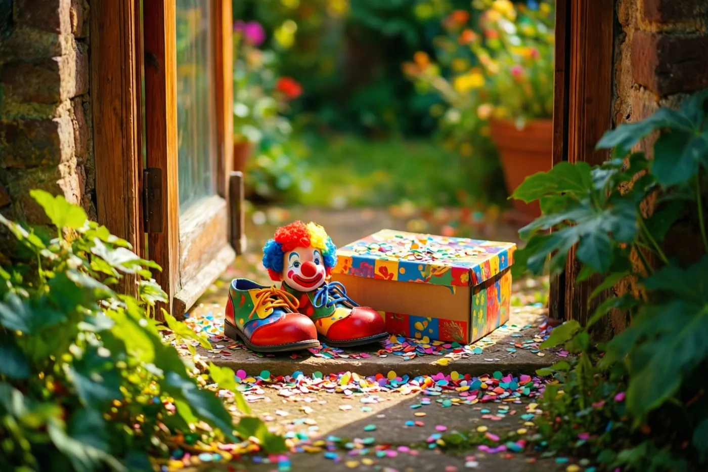 Een piepklein paar kleurrijke clownsschoenen staat op een stenen trede naast een versierde confettidoos, tussen losse confetti, een houten deuropening en groen in fel zonlicht.