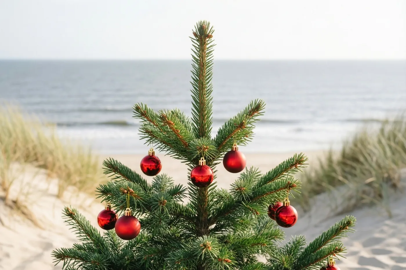 Een kleine dennenboom met rode kerstballen staat tussen zandduinen, met een grijze zee onder een bleke hemel erachter.