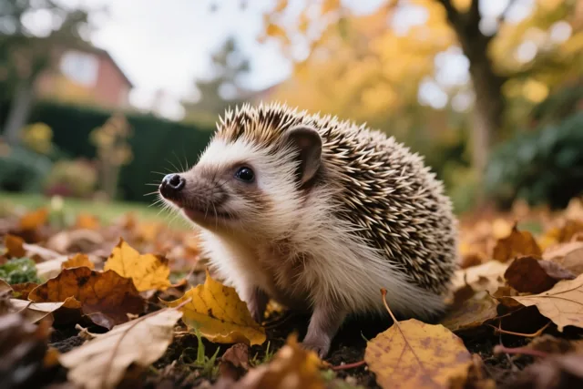 Een kleine egel met witte en bruine stekels staat tussen gevallen herfstbladeren in een tuin, in goudkleurig licht met onscherpe bomen en bladeren erachter.