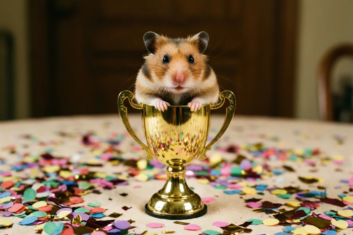 Een kleine hamster zit in een gouden beker op een tafel vol kleurrijke confetti, in warm licht tegen een onscherpe achtergrond.
