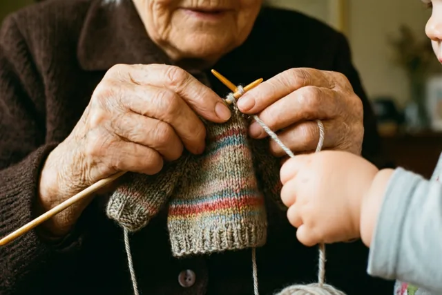 De gerimpelde handen van een oudere vrouw breien een klein gestreept truitje met houten naalden terwijl een peuterhandje de draad vasthoudt, in warm licht en aardetinten.