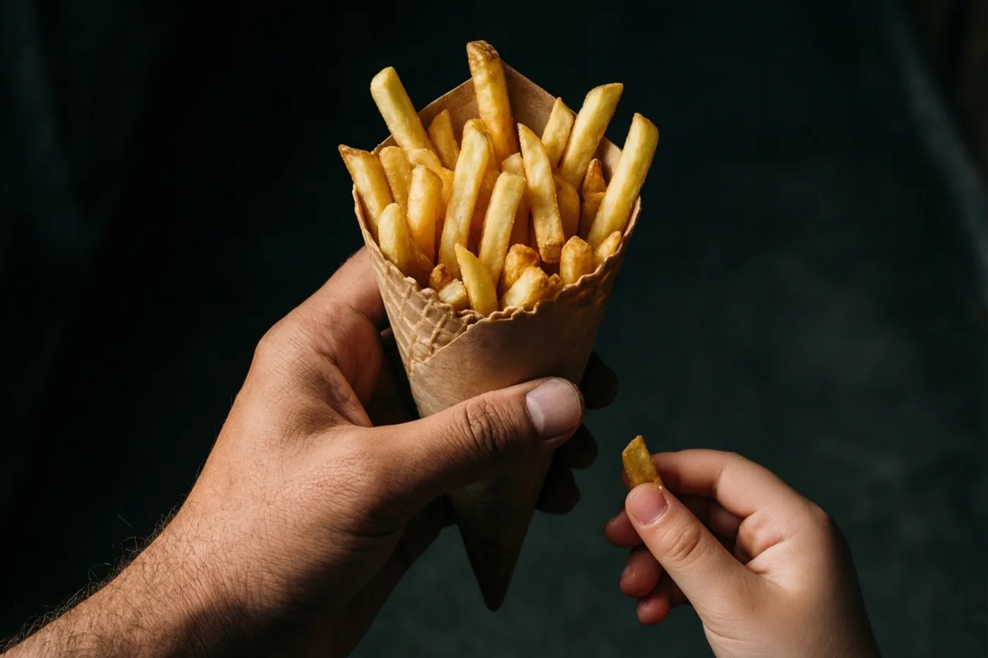 Een grote hand houdt een papieren puntzak met goudgele frieten vast terwijl een kleine hand één frietje neemt, tegen een donkere achtergrond.