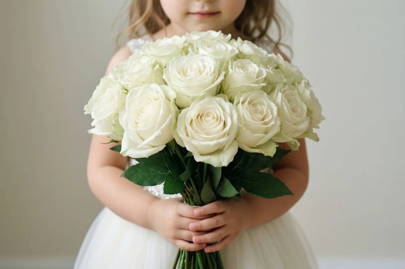 Een jong kind in een witte jurk houdt een groot boeket witte rozen vast, waarbij alleen de handen en het boeket scherp zijn tegen een effen lichte achtergrond.