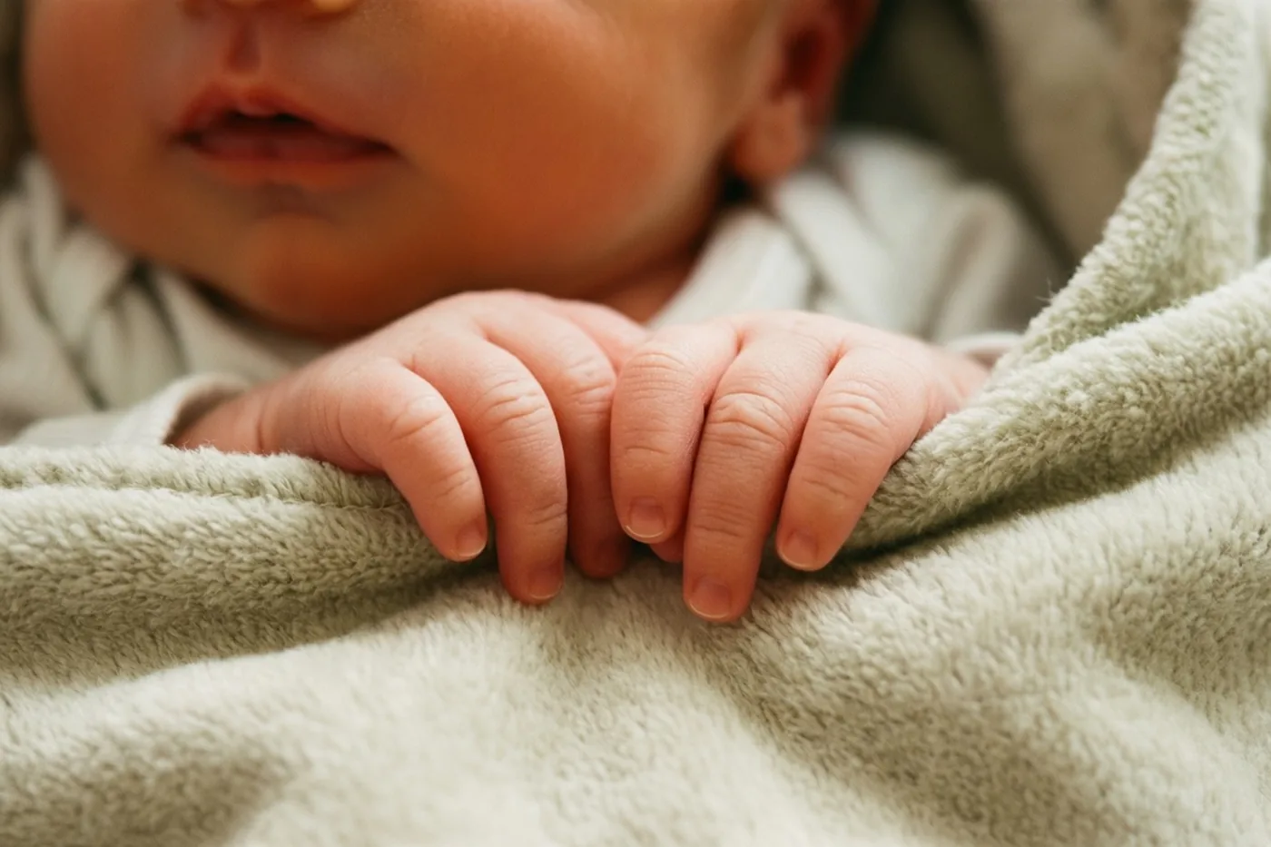 Een close-up toont de kleine handjes van een pasgeboren baby rond de rand van een zachte deken met structuur in warm licht.