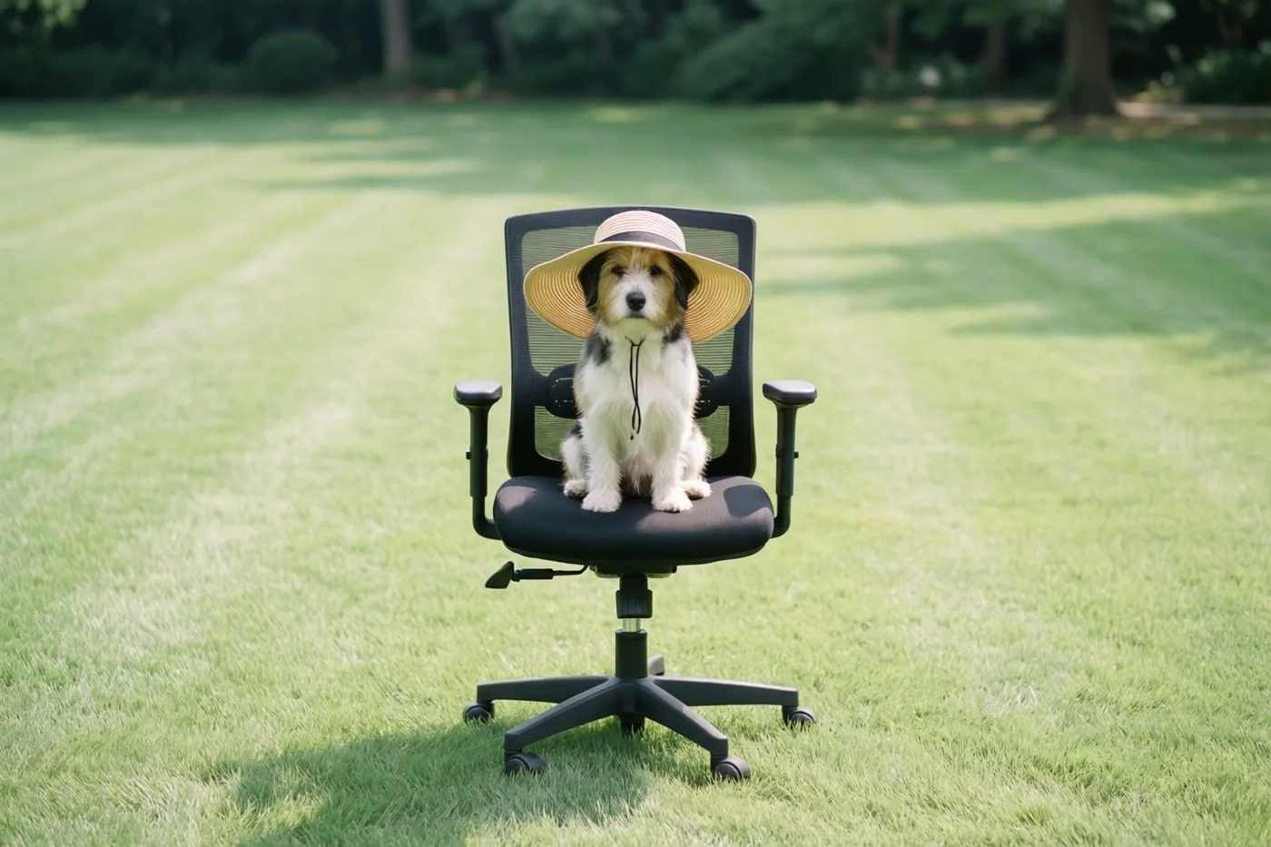 Een kleine hond met een breedgerande zonnehoed zit rechtop op een zwarte bureaustoel midden op een gemaaid groen gazon, met bomen in de onscherpe achtergrond bij helder daglicht.
