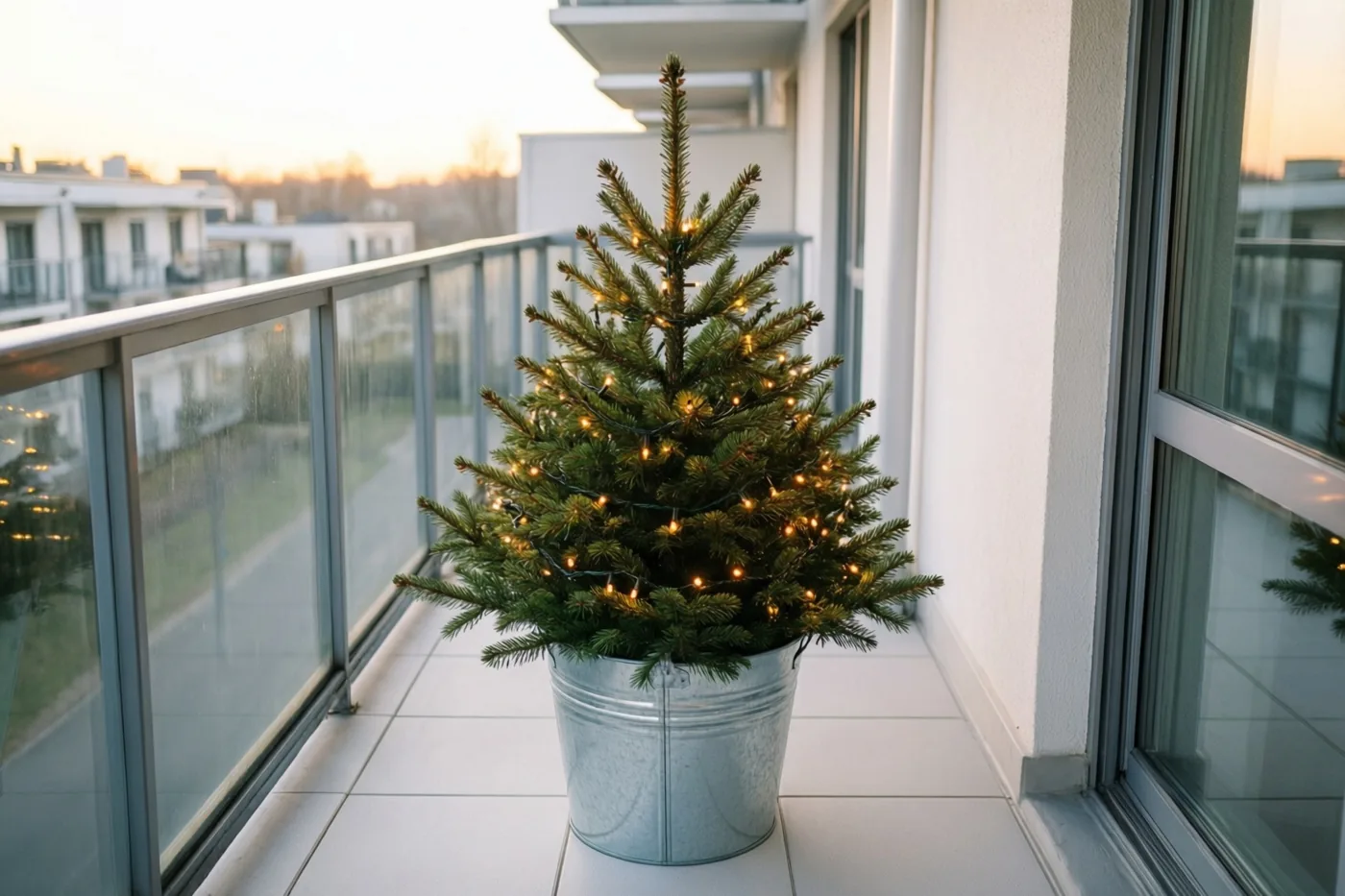 Een kleine groenblijvende kerstboom met warme lichtsnoeren staat in een verzinkte emmer op een modern appartementsbalkon bij valavond, met gebouwen op de achtergrond.