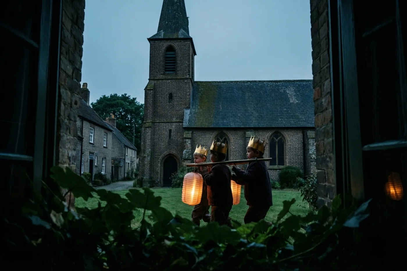 Drie kleine kinderen met papieren kronen dragen bij valavond een lichtgevende sterlantaarn over een grasveld voor een bakstenen kerk, omringd door donker gebladerte en stenen muren.