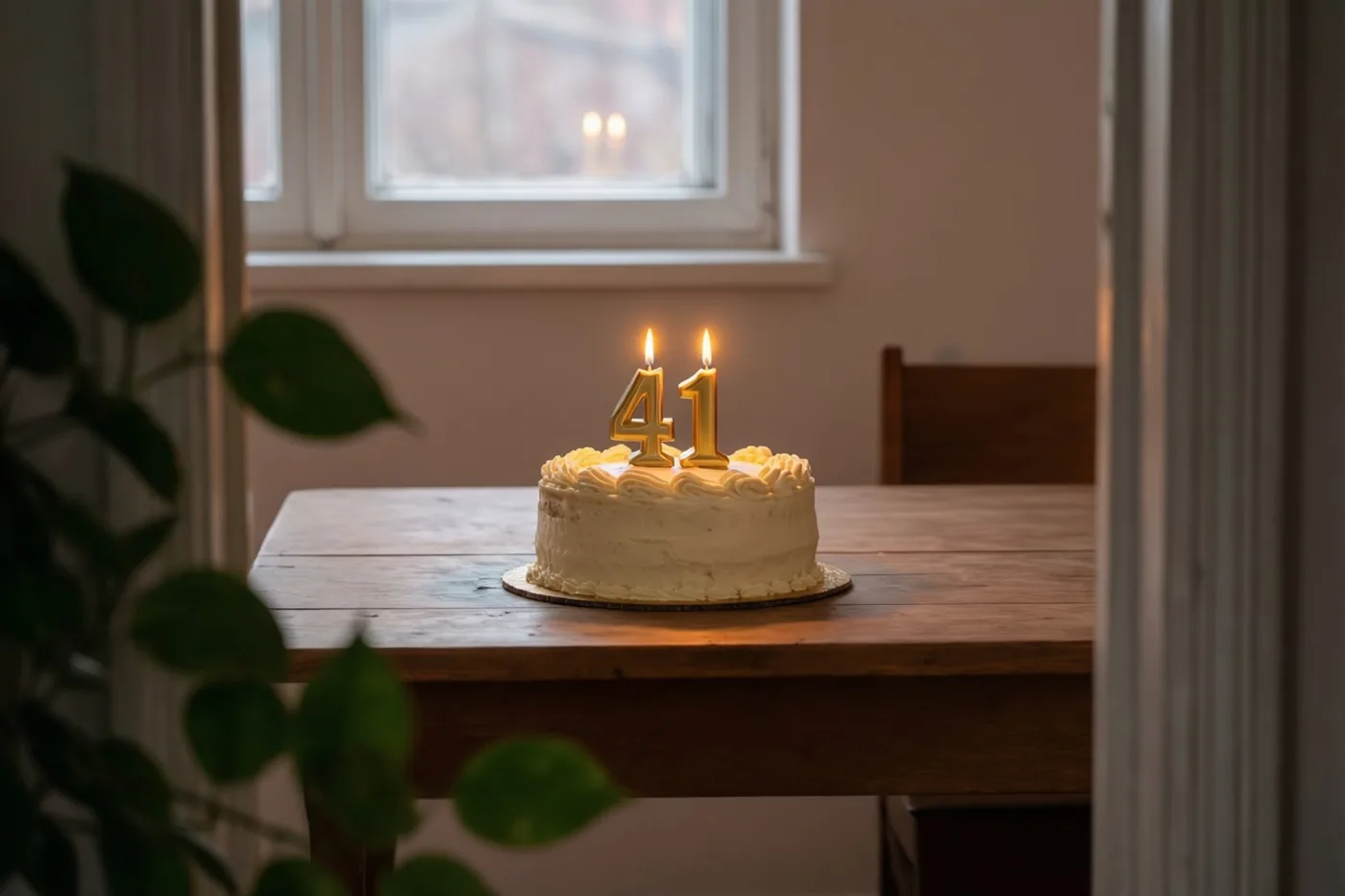 Een kleine zelfgemaakte roomtaart met twee brandende gouden cijferkaarsjes die 41 vormen staat op een houten tafel, met een raam en groene plant erachter.