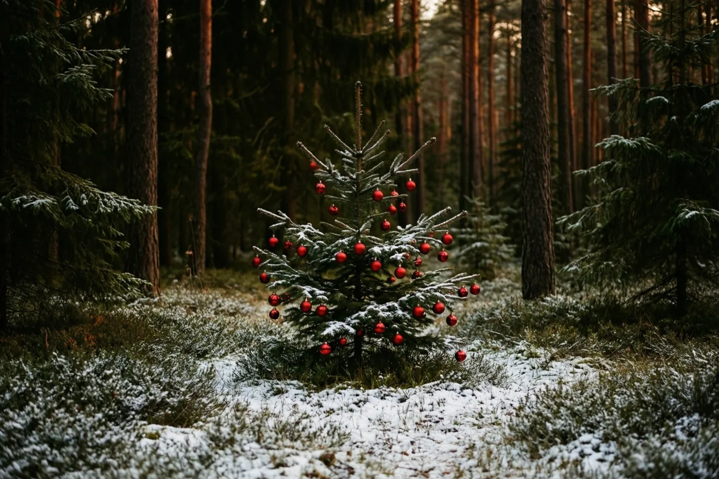 Een kleine spar met rode kerstballen staat bij schemering op een besneeuwde open plek in een bos, met hoge bomen op de achtergrond.