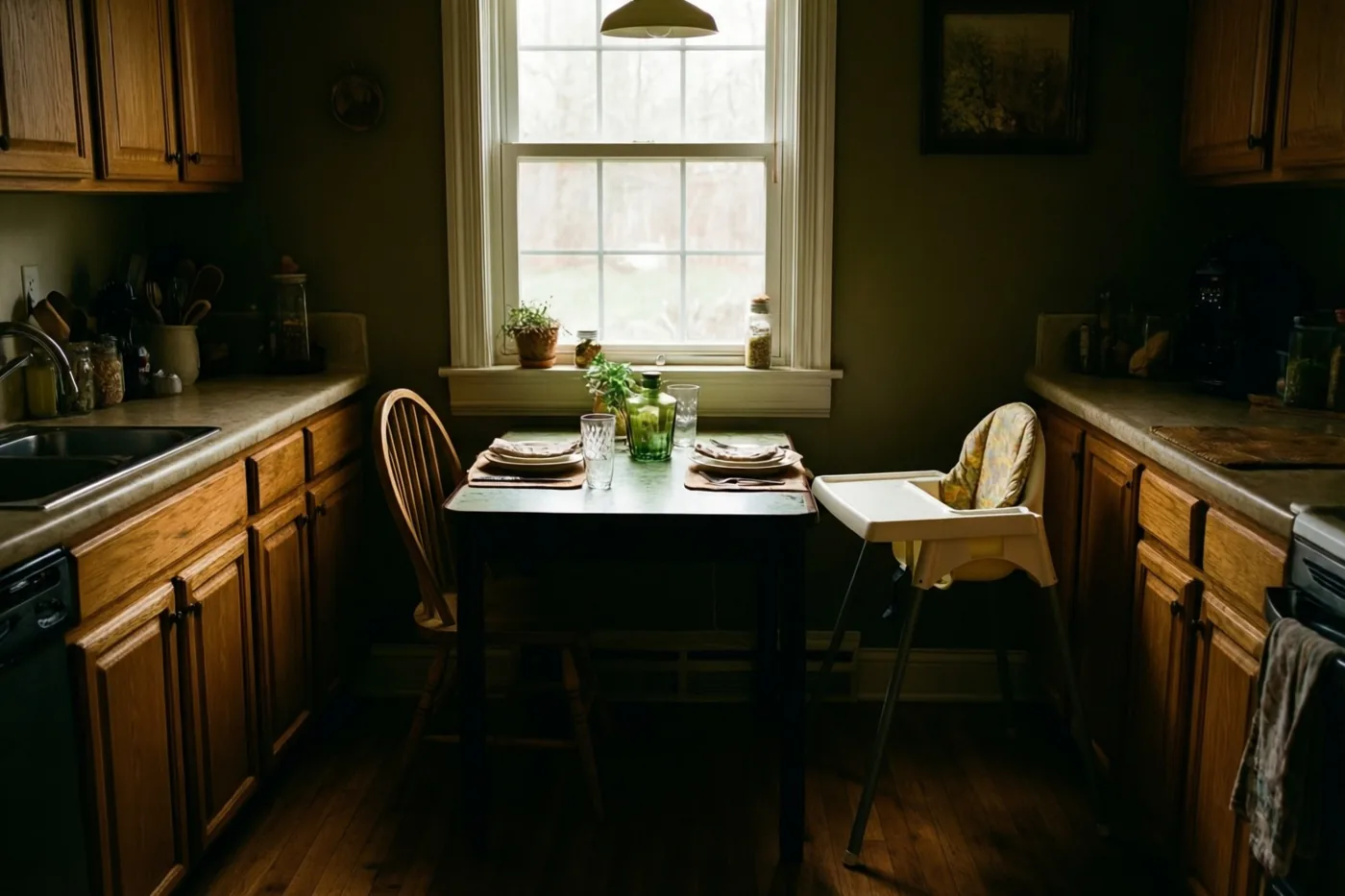 Onder een raam staat in een keukenhoek een kleine tafel gedekt voor drie met een kinderstoel ernaast, omringd door houttinten en aardse groentinten.