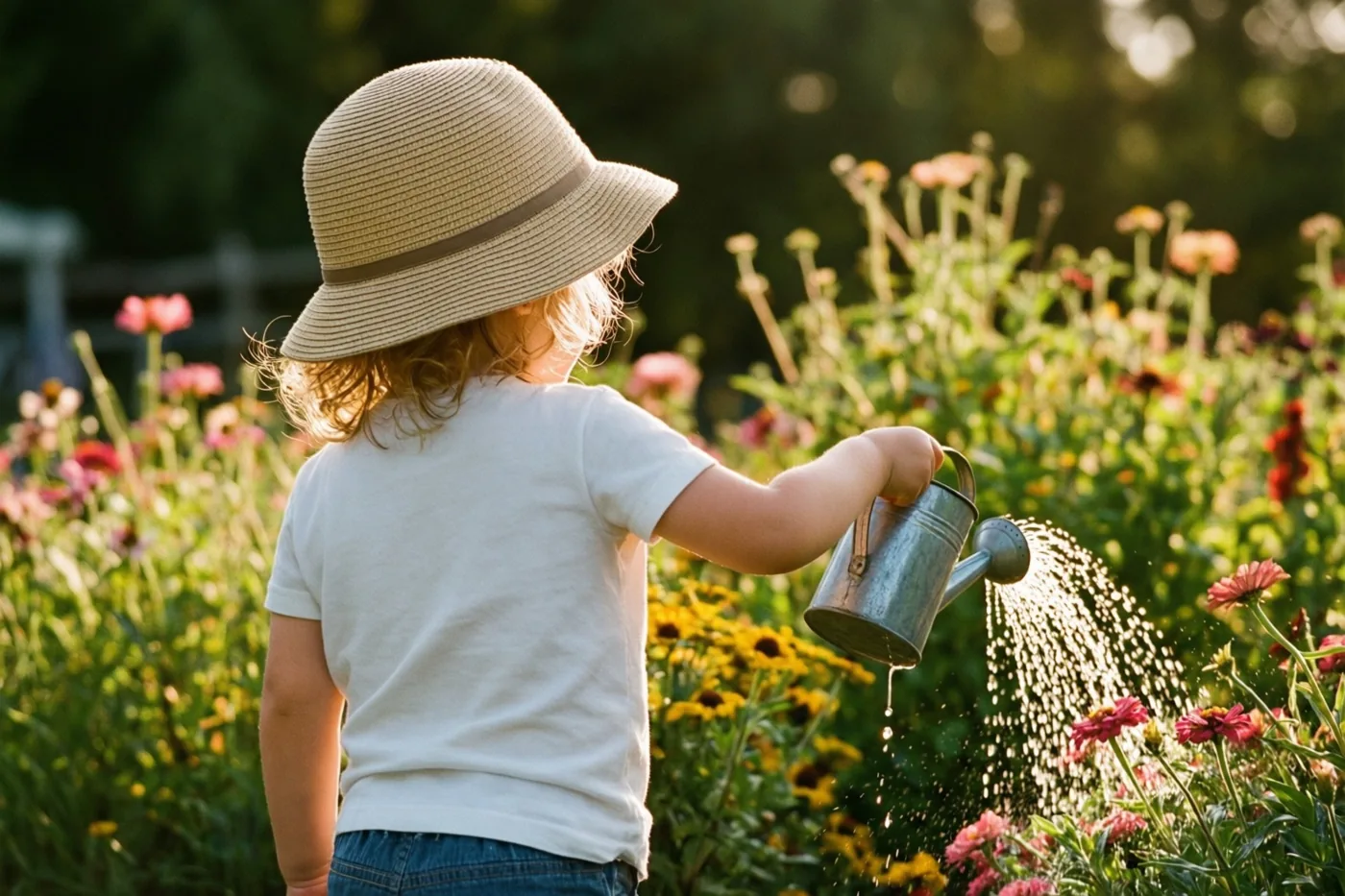 Een jong kind met een zonnehoed geeft bloemen water met een kleine metalen gieter, van achteren gezien in een tuin met warm zonlicht.