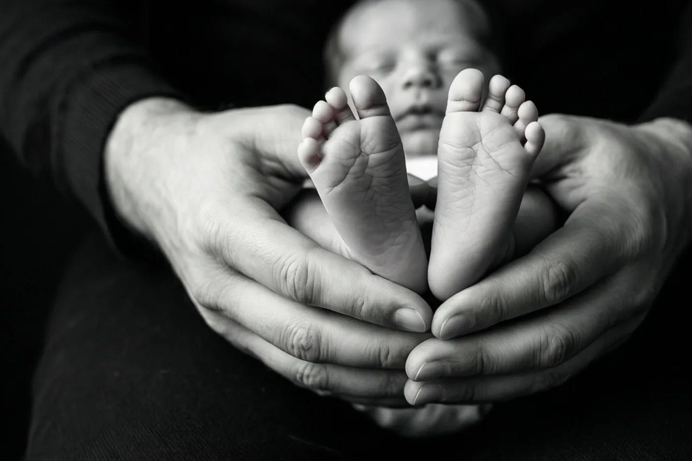 Een zwart-witfoto toont de voetjes van een pasgeboren baby in de handen van een volwassene tegen een donkere achtergrond.