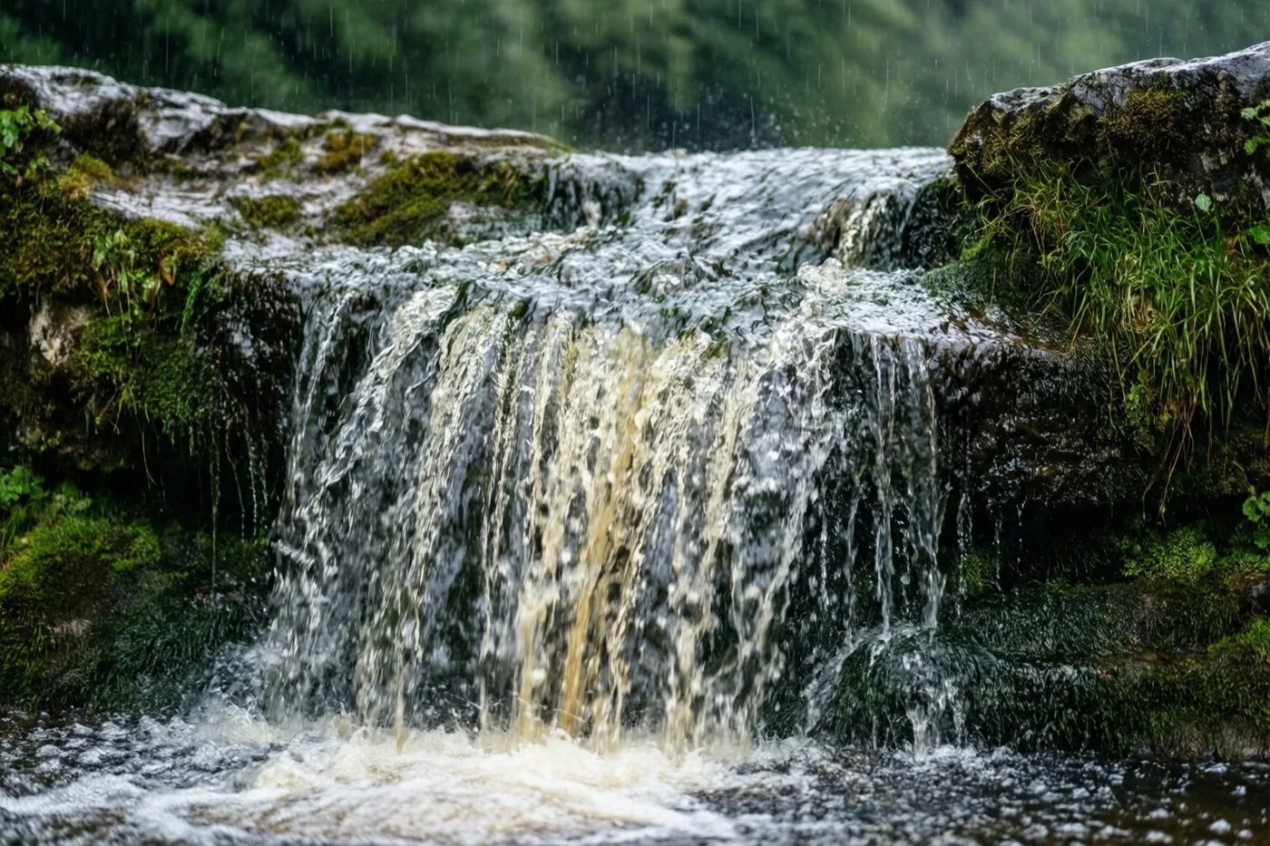 Een kleine waterval stroomt na de regen over met mos bedekte rotsen in een bos, in groene en grijze tinten met wit water.