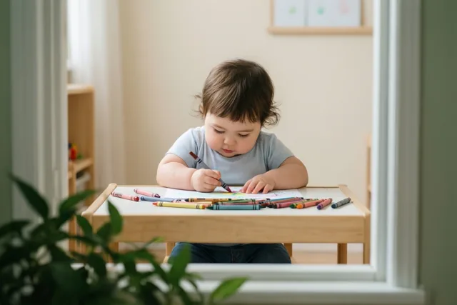 Door een raam met een wit kozijn is een peuter met mollige handjes te zien die met waskrijtjes kleurt aan een houten tafeltje, in een zacht verlichte kamer met groene planten en lichte muren.