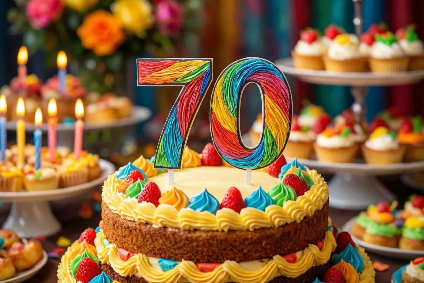 Een taart met meerdere verdiepingen, gekleurd glazuur, aardbeien en een papieren 70 in regenboogkleuren staat op een buffet tussen cupcakes en brandende kaarsjes, met bloemen erachter.
