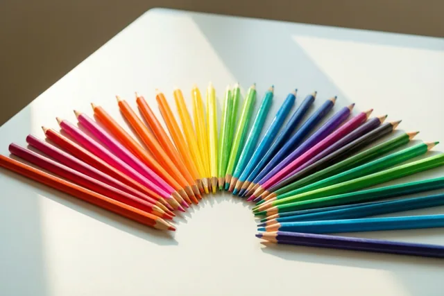 Kleurpotloden liggen in een waaier in regenboogkleuren op een wit bureau in helder daglicht.