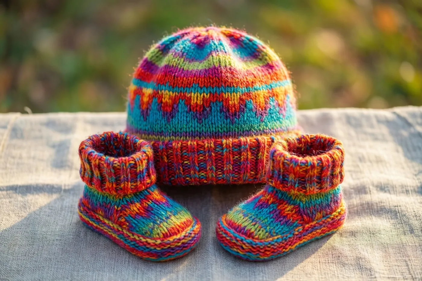 Een kleurrijk gebreid babymutsje en bijpassende slofjes liggen op een linnen doek met zichtbare structuur in warm zonlicht.