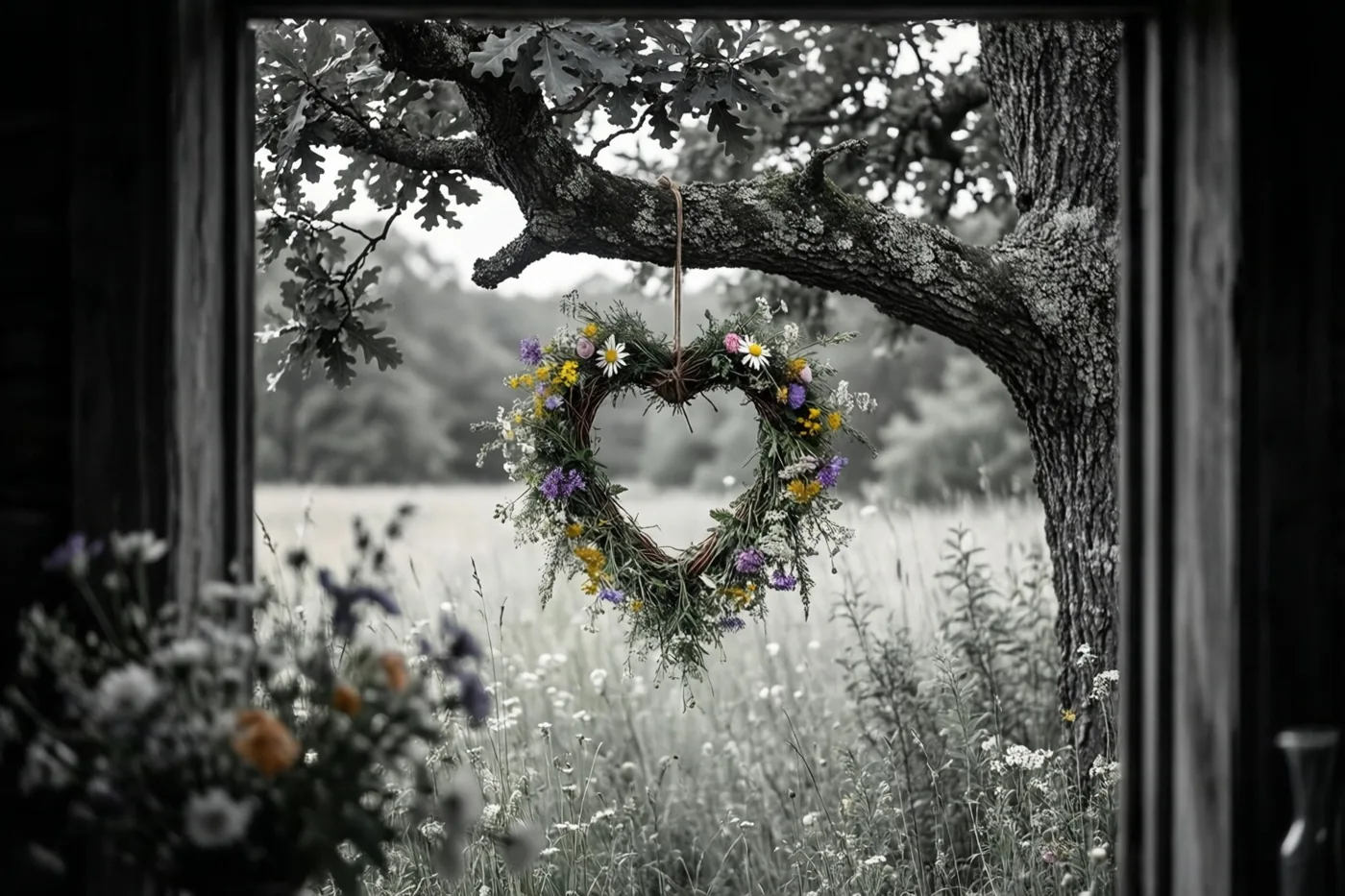 Door een raam is een kleurrijke hartvormige krans van wilde bloemen aan een eikentak te zien, met een weide op een zachte monochrome achtergrond.