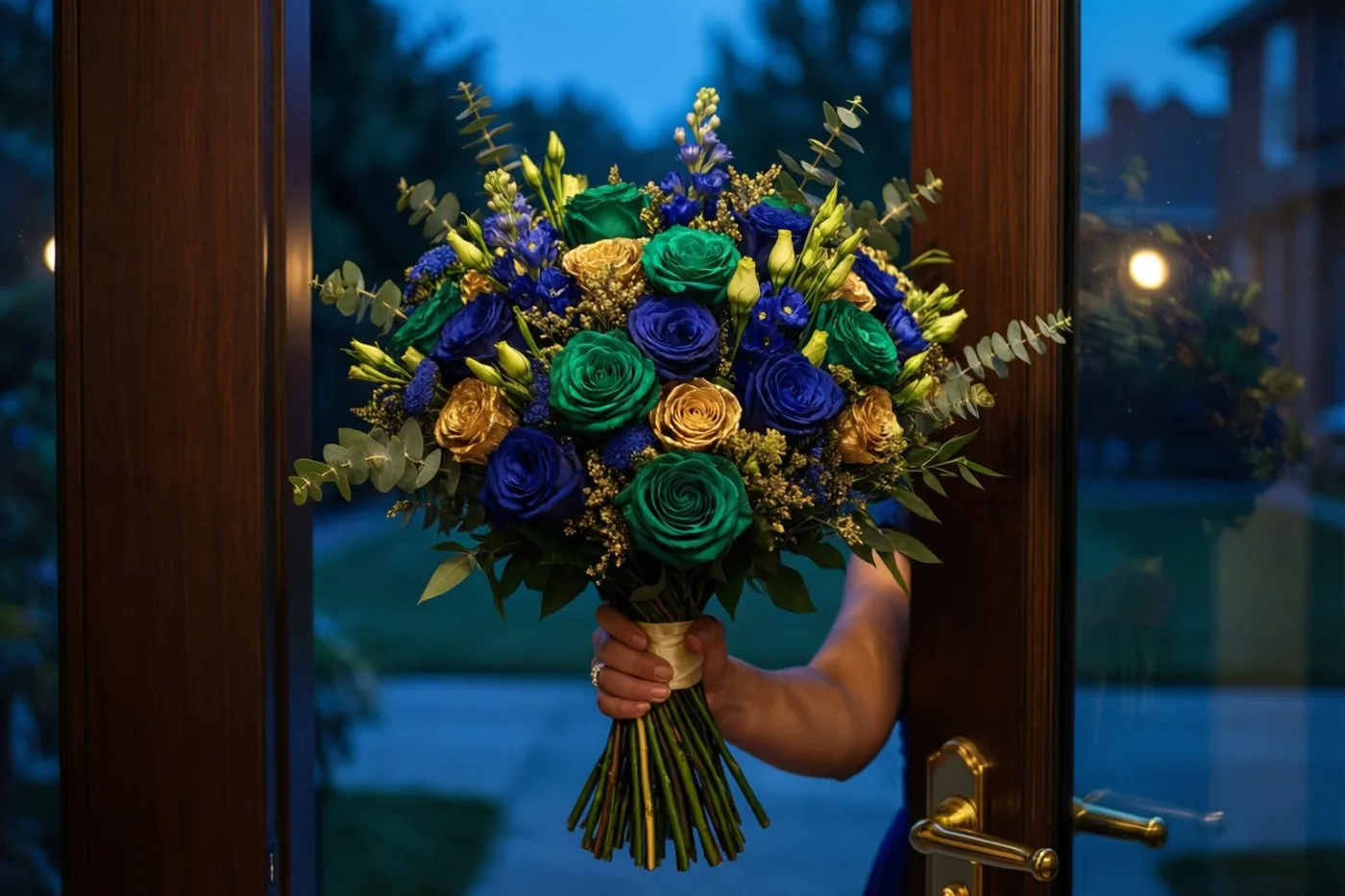 Een hand houdt achter een houten deur een boeket met blauwe, groene en gouden bloemen vast, terwijl door het glas de schemering buiten zichtbaar is.