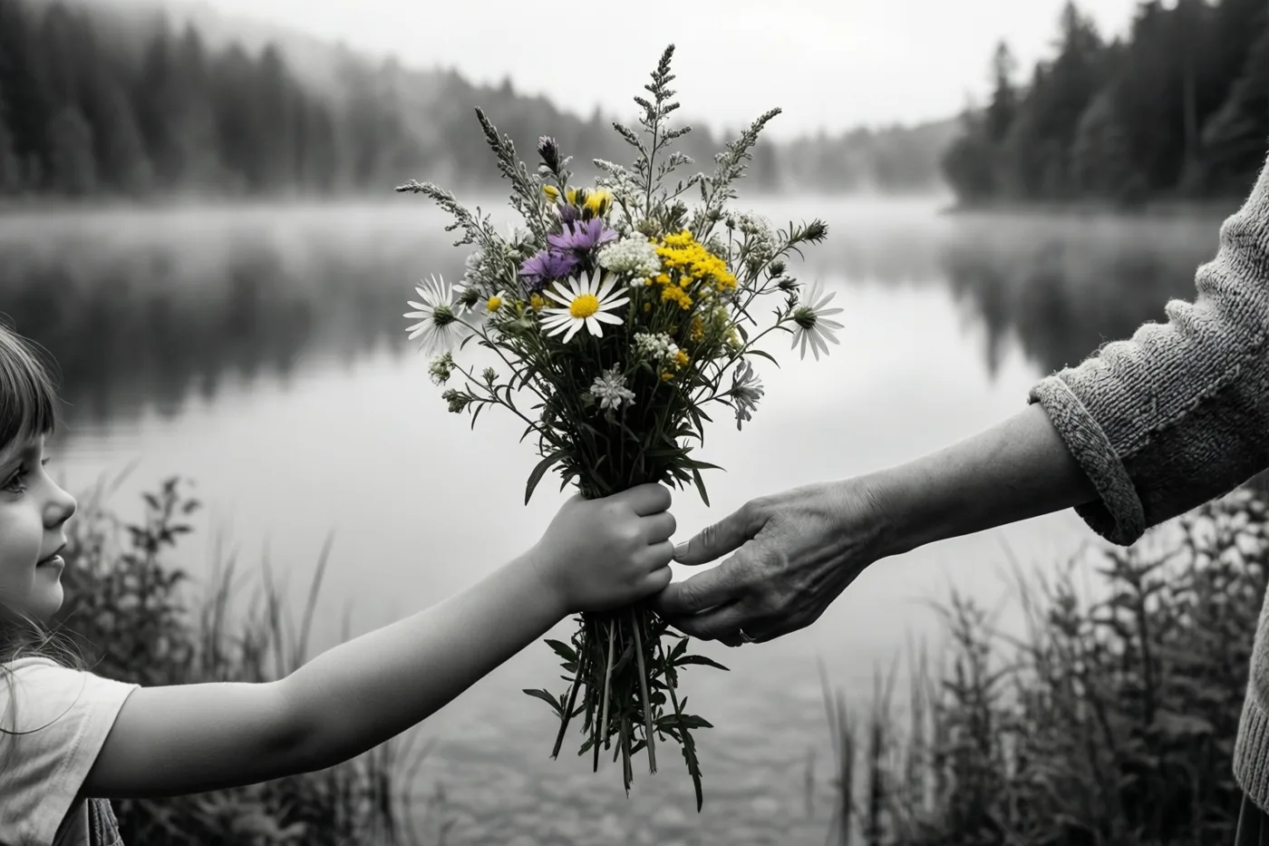 Een kinderhand biedt een volwassen hand een boeket wilde bloemen aan bij een mistig meer, waarbij de bloemen kleur hebben in een verder vrijwel monochroom beeld.