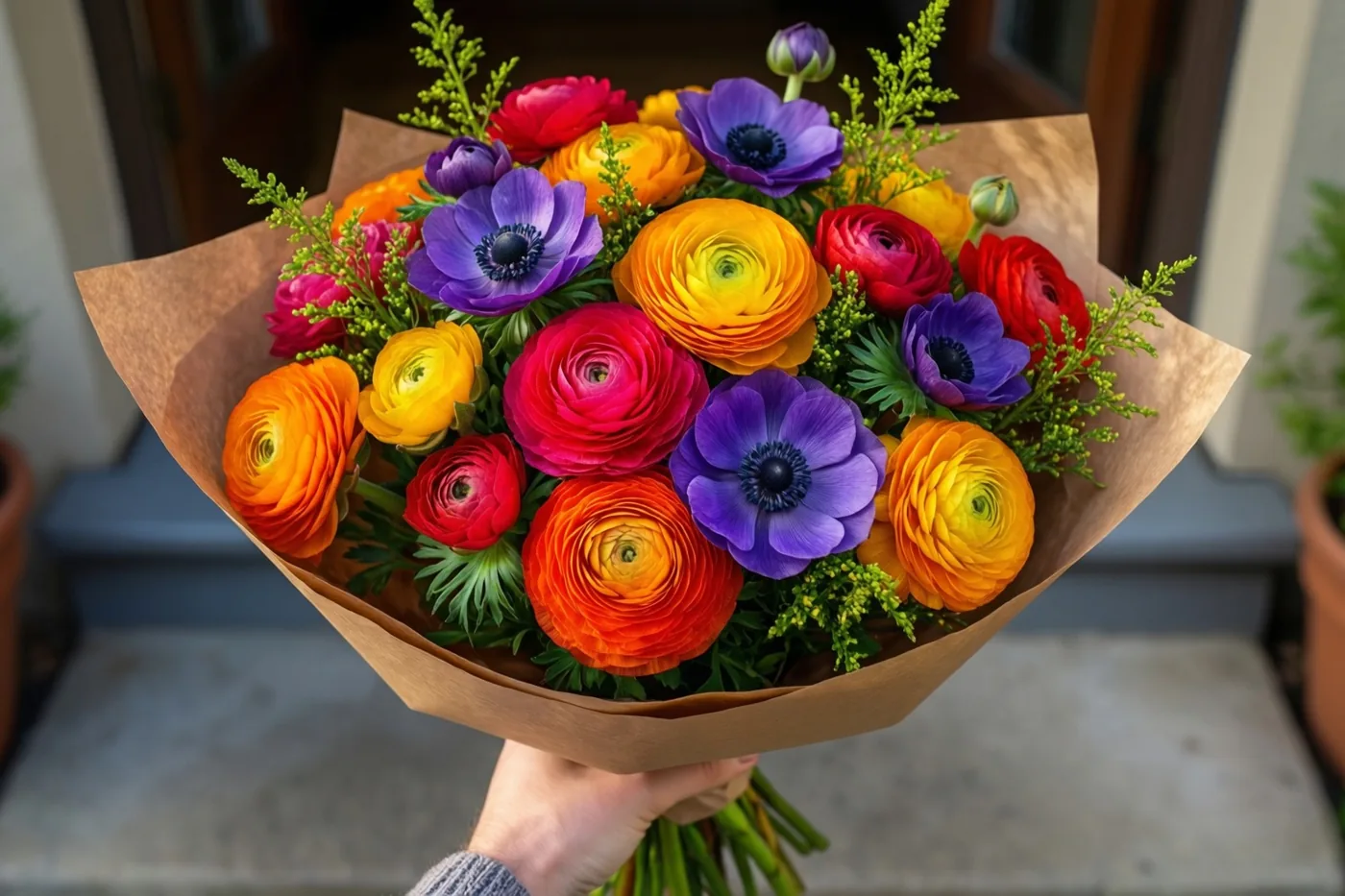 Een hand houdt op een drempel een boeket ranonkels en anemonen in rood, oranje, geel en paars, verpakt in bruin papier.