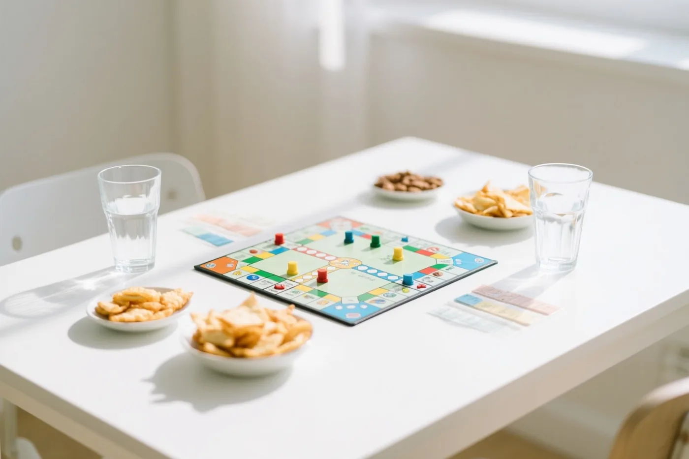 Een kleurrijk bordspel staat op een witte tafel met schaaltjes hapjes en twee glazen water in helder daglicht.