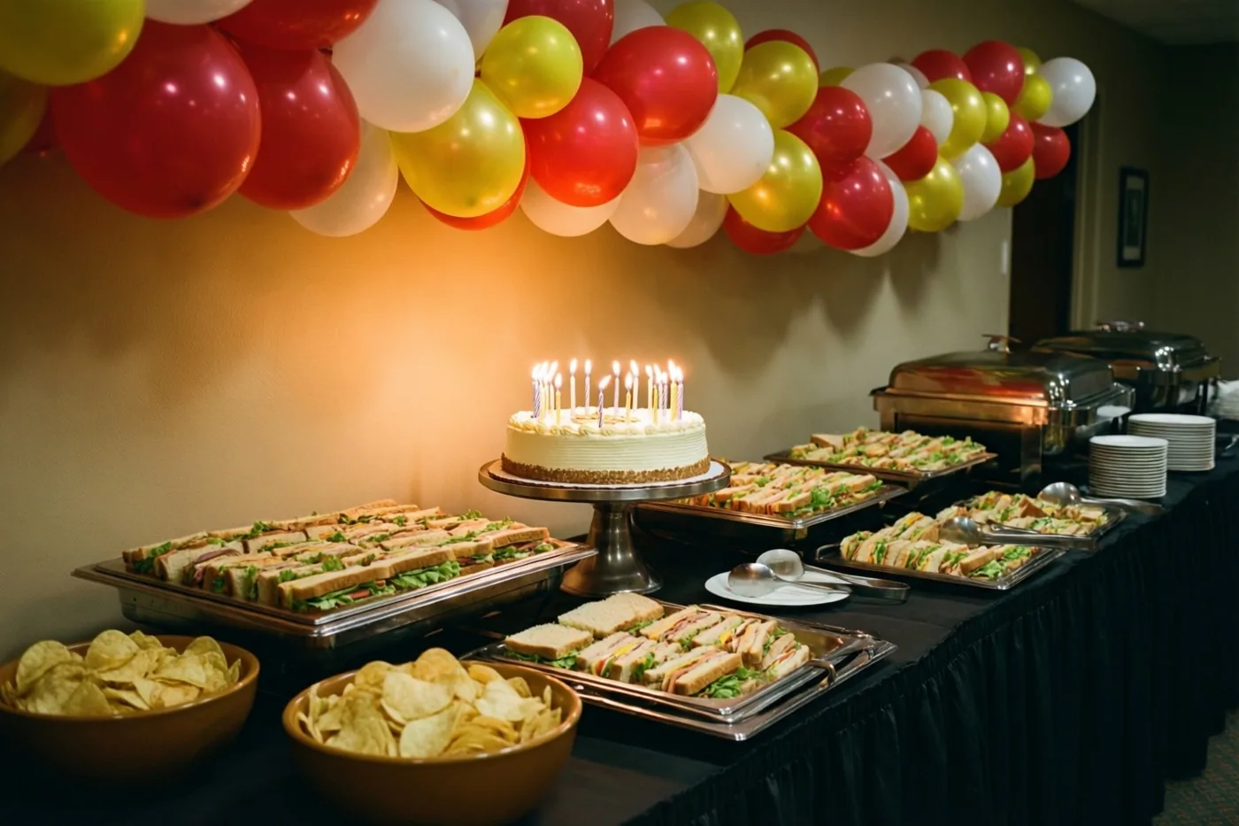 Een lange buffettafel met een taart met brandende kaarsen, schalen belegde broodjes en kommen chips staat onder een kleurrijke ballonnenslinger in warm licht, met vooral rode, gele en witte tinten.