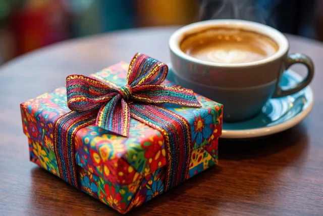 Een fel ingepakt cadeau met een kleurrijke strik staat naast een dampende kop koffie op een houten tafel.
