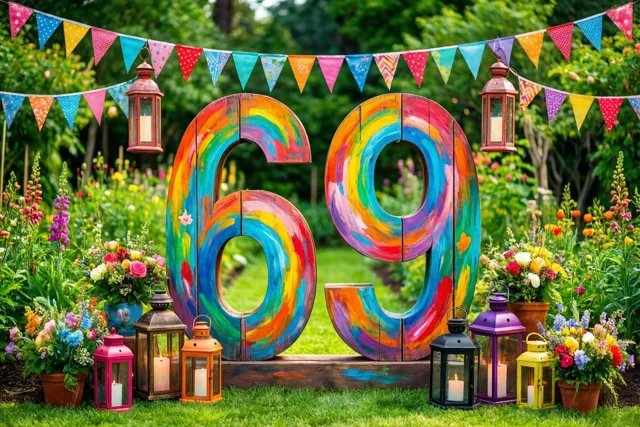 Een groot kleurrijk beschilderd houten bord met 69 staat in een tuin tussen bloemstukken en hangende lampionnen, met veelkleurige vlaggetjes erboven.