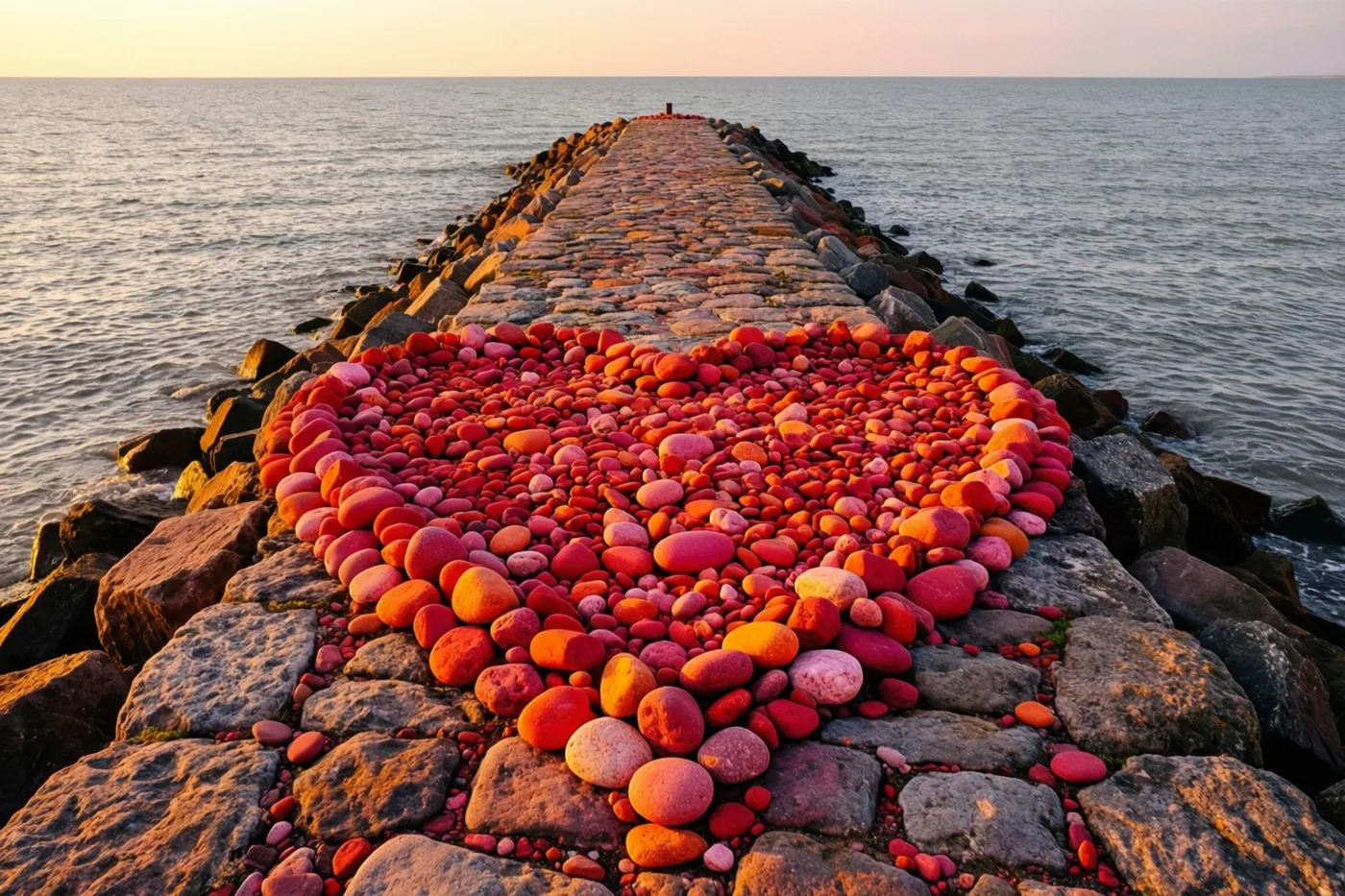 Een hart van kleurrijke keien ligt op een stenen golfbreker die de grijze zee in loopt, in warm licht van de ondergaande zon.