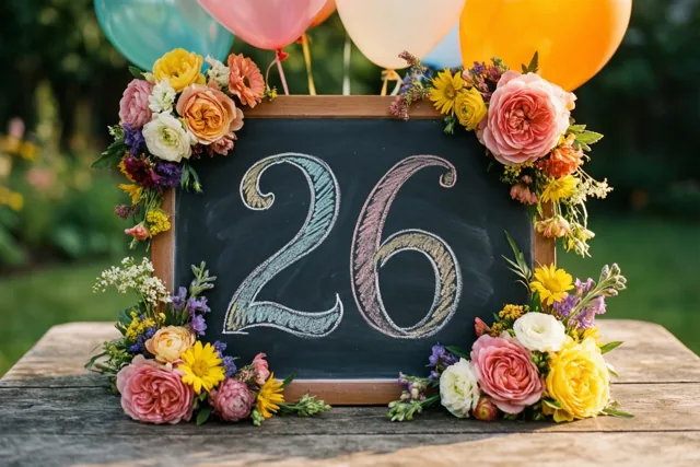 Een krijtbord met 26 in gekleurd krijt staat tussen kleurrijke bloemen op een houten tuintafel, met ballonnen op de achtergrond.