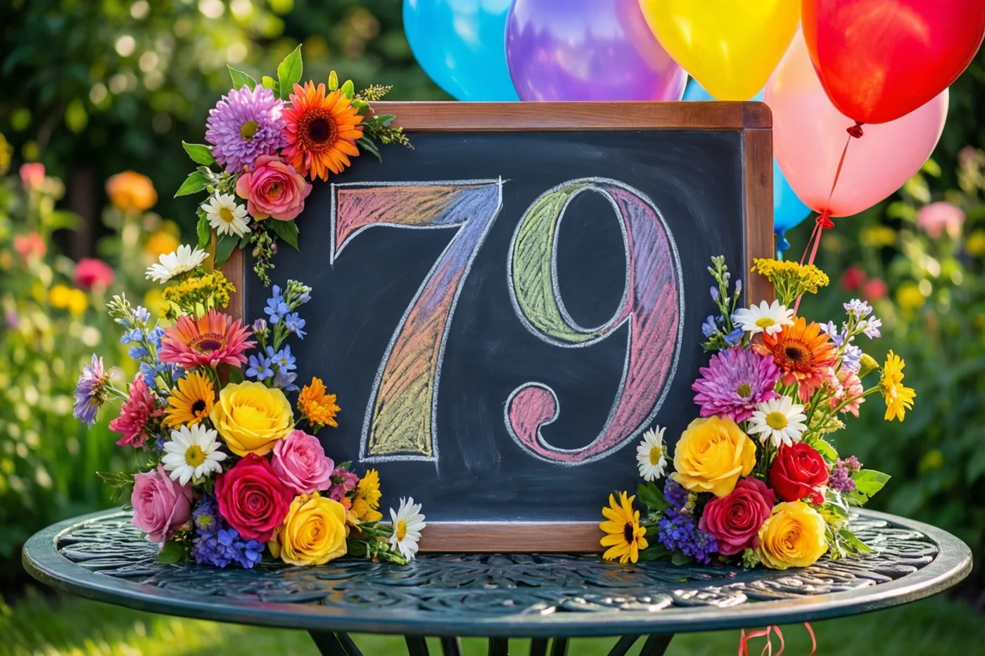 Een krijtbord met het getal 79 in gekleurd krijt staat op een tuintafel tussen felle bloemen en ballonnen in een zonnige tuin.
