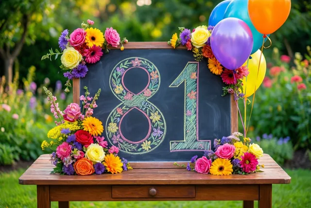 Een krijtbord met 81 in gekleurd krijt staat op een houten tuintafel, omringd door kleurrijke bloemen en ballonnen in een groene tuin.