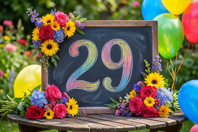 Een krijtbord met 29 in gekleurd krijt staat op een houten tuintafel tussen kleurrijke bloemen en ballonnen.