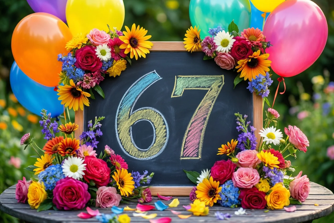 Een krijtbord met het getal 67 in gekleurd krijt staat tussen kleurrijke bloemen en ballonnen op een houten tafel in een tuin.