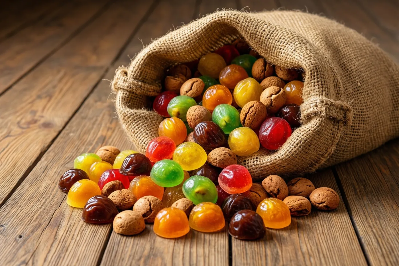 Uit een omgevallen jutezak liggen kleurrijke marsepeinen vruchten, pralines en pepernoten op een houten vloer, in bruine, rode, gele en groene tinten.