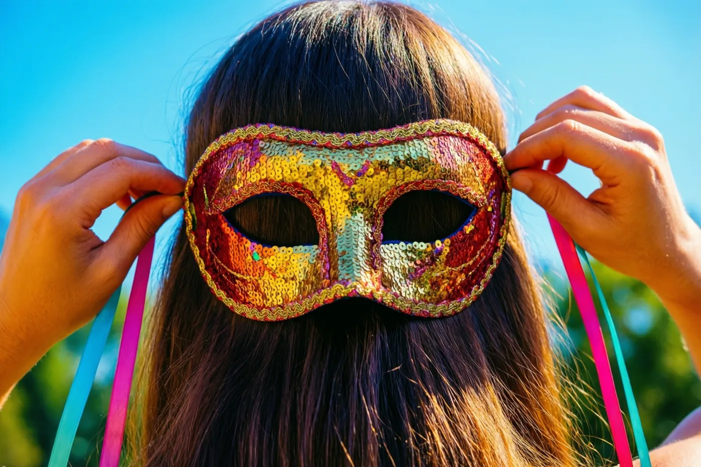 Een persoon met lang donker haar zet, van achteren gezien, een kleurrijk masker met pailletten goed tegen een helderblauwe lucht en onscherp groen.