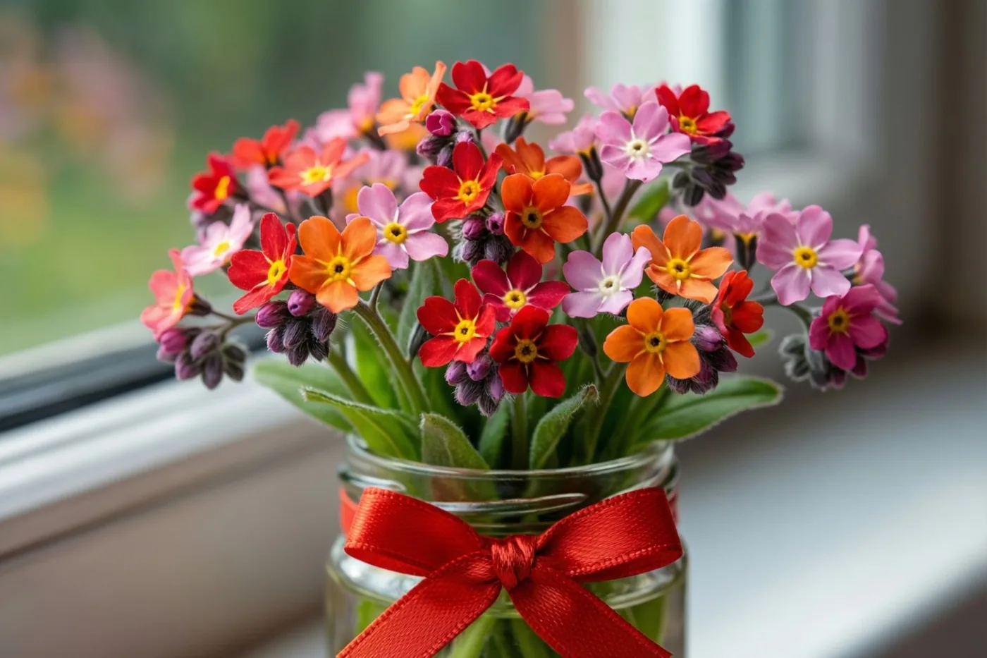Een klein boeketje rode, oranje en roze bloemen met groene stelen staat in een doorzichtig glazen potje met een rode strik op een zonnige vensterbank.