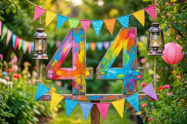 Een groot kleurrijk houten bord met 44 staat in een groene tuin tussen vlaggetjes en hangende lantaarns, met onscherpe bloemen op de achtergrond.
